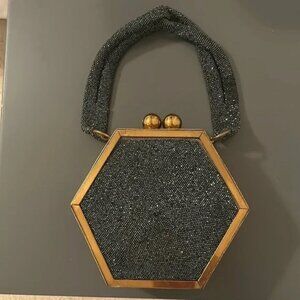 Vintage Fancy Six-sided Framed Black Iridescent Beaded Bag